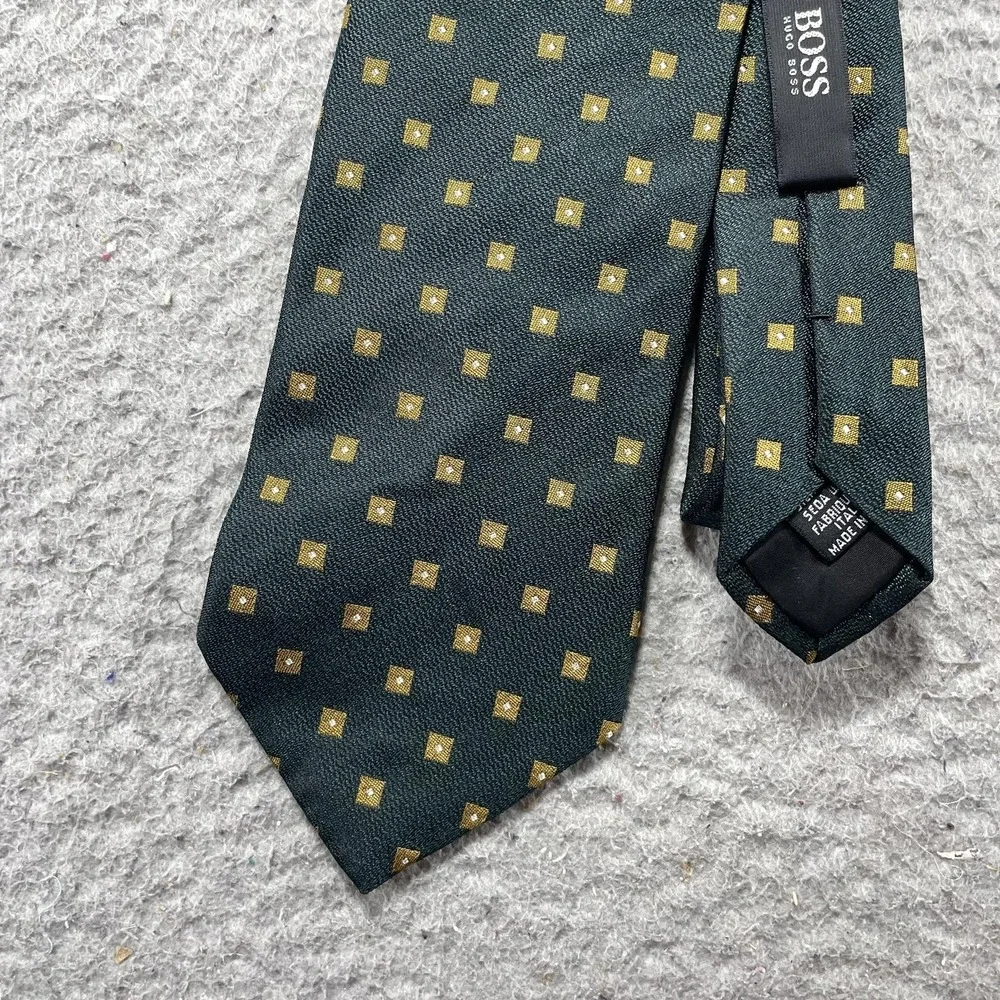 BOSS Hugo Boss Tie Mens One Size Green Geometric Woven Silk Necktie Italy